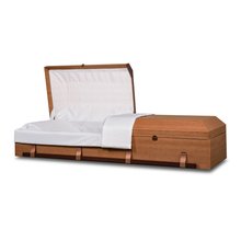 Carrollton artisan cremation casket shown in beechwood print and with hinged lid open to reveal the fabric interior.