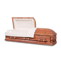 A casket made from  cedar wood with a natural satin finish and a rosetan crepe shirred interior. The casket is displayed open and from the side view.