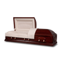 An angled view of an open, empty ceremonial rental casket placed on a white background. The rental casket features a rich, dark finish with a satin sheen, and is adorned with metal swingbar handles on its sides. The interior head panel is lined with a plush, tufted fabric in a light beige color.