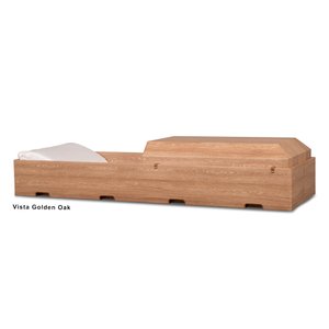 Vista Artisan Cremation Container with Golden Oak print shown with only the foot end lid in place