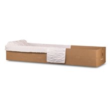 Rental casket inserts made from reinforced fiberboard and featuring white crepe interior.