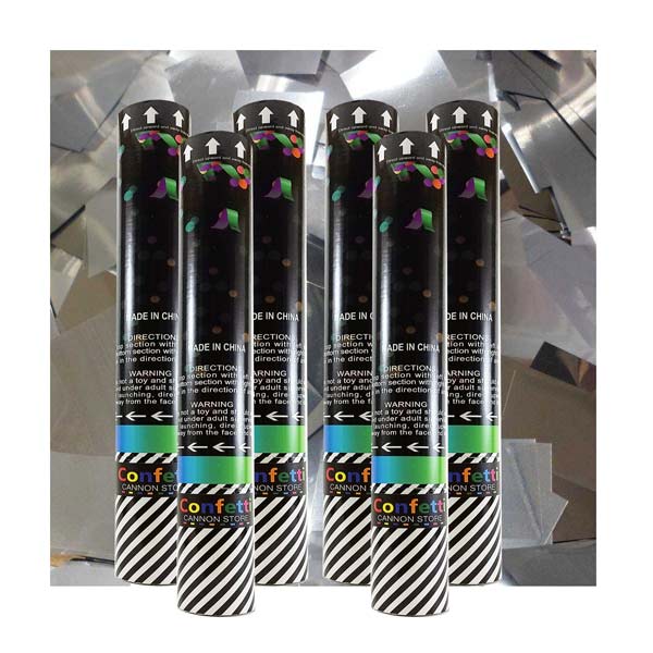 Kit with 6 medium disposable confetti cannons filled with silver metallic confetti.