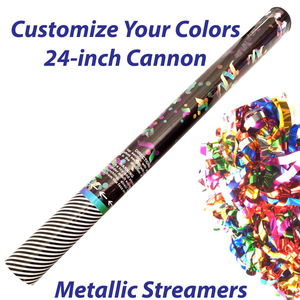 Large single-use streamer cannon filled with metallic streamers.