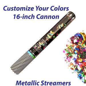 Medium single-use streamer cannon filled with metallic streamers.