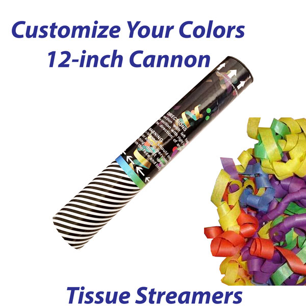 Small single-use streamer cannon filled with tissue streamers.